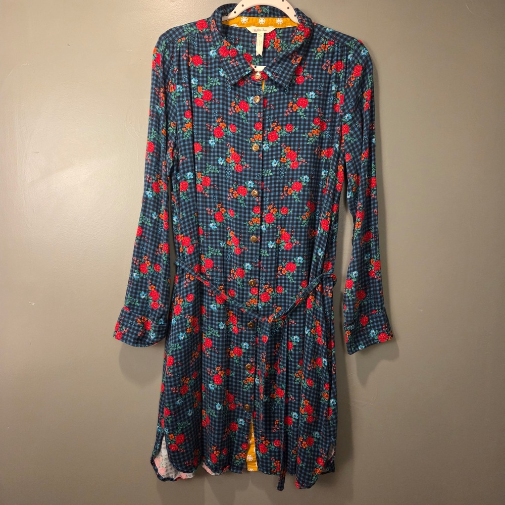 Matilda Jane Women's Long Sleeve Button Up Shirt Dress Size L Floral Print Plaid